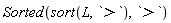 Sorted(sort(L, `>`), `>`)