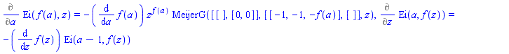 Diff(Ei(f(a), z), a) = -(diff(f(a), a))*z^f(a)*MeijerG([[], [0, 0]], [[-1, -1, -f(a)], []], z), Diff(Ei(a, f(z)), z) = -(diff(f(z), z))*Ei(a-1, f(z))