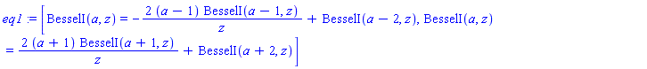 [BesselI(a, z) = -2*(a-1)*BesselI(a-1, z)/z+BesselI(a-2, z), BesselI(a, z) = 2*(a+1)*BesselI(a+1, z)/z+BesselI(a+2, z)]