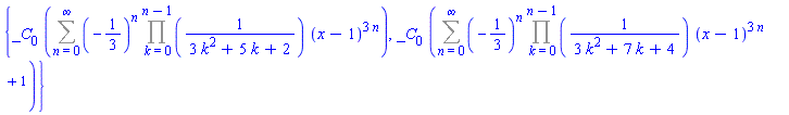 {_C[0]*(Sum((-1/3)^n*(Product(1/(3*k^2+5*k+2), k = 0 .. n-1))*(x-1)^(3*n), n = 0 .. infinity)), _C[0]*(Sum((-1/3)^n*(Product(1/(3*k^2+7*k+4), k = 0 .. n-1))*(x-1)^(3*n+1), n = 0 .. infinity))}