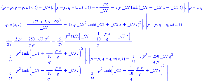 {p = p, q = q, u(x, t) = _C4}, {p = p, q = 0, u(x, t) = -_C3/_C2-2*p*_C2*tanh(_C1+_C2*x+_C3*t)}, {p = 0, q = q, u(x, t) = (-_C3+8*q*_C2^3)/_C2-12*q*_C2^2*tanh(_C1+_C2*x+_C3*t)^2}, {p = p, q = q, u(x, t) = (1/25)*(3*p^3-250*_C3*q^2)/(q*p)-(6/25)*p^2*tanh(_C1+(1/10)*p*x/q+_C3*t)/q-(3/25)*p^2*tanh(_C1+(1/10)*p*x/q+_C3*t)^2/q}, {p = p, q = q, u(x, t) = (1/25)*(3*p^3+250*_C3*q^2)/(q*p)+(6/25)*p^2*tanh(_C1-(1/10)*p*x/q+_C3*t)/q-(3/25)*p^2*tanh(_C1-(1/10)*p*x/q+_C3*t)^2/q}