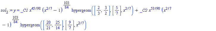 sol[2] := y = _C1*x^(45/98)*(x^(2/7)-1)^(103/84)*hypergeom([2/3, 3/2], [5/7], x^(2/7))+_C2*x^(53/98)*(x^(2/7)-1)^(103/84)*hypergeom([20/21, 25/14], [9/7], x^(2/7))