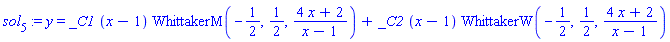 sol[5] := y = _C1*(x-1)*WhittakerM(-1/2, 1/2, (4*x+2)/(x-1))+_C2*(x-1)*WhittakerW(-1/2, 1/2, (4*x+2)/(x-1))
