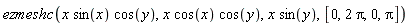 ezmeshc(x*sin(x)*cos(y), x*cos(x)*cos(y), x*sin(y), [0, 2*Pi, 0, Pi])