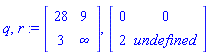 q, r := Matrix([[28, 9], [3, infinity]]), Matrix([[0, 0], [2, undefined]])