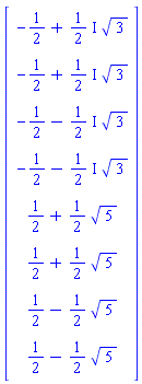 Vector[column]([[-1/2+((1/2)*I)*3^(1/2)], [-1/2+((1/2)*I)*3^(1/2)], [-1/2-((1/2)*I)*3^(1/2)], [-1/2-((1/2)*I)*3^(1/2)], [1/2+(1/2)*5^(1/2)], [1/2+(1/2)*5^(1/2)], [1/2-(1/2)*5^(1/2)], [1/2-(1/2)*5^(1/2)]])