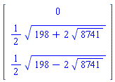 Vector[column]([[0], [(1/2)*(198+2*8741^(1/2))^(1/2)], [(1/2)*(198-2*8741^(1/2))^(1/2)]])