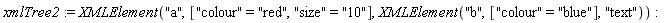 xmlTree2 := XMLElement("a", ["colour" = "red", "size" = "10"], XMLElement("b", ["colour" = "blue"], "text"))