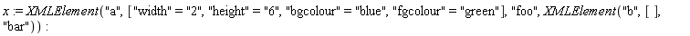 x := XMLElement("a", ["width" = "2", "height" = "6", "bgcolour" = "blue", "fgcolour" = "green"], "foo", XMLElement("b", [], "bar"))