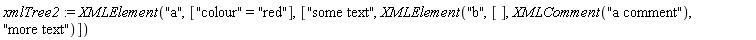 xmlTree2 := XMLElement("a", ["colour" = "red"], ["some text", XMLElement("b", [], XMLComment("a comment"), "more text")])
