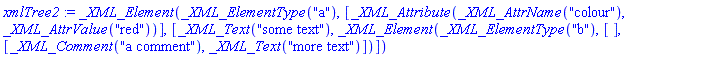xmlTree2 := _XML_Element(_XML_ElementType("a"), [_XML_Attribute(_XML_AttrName("colour"), _XML_AttrValue("red"))], [_XML_Text("some text"), _XML_Element(_XML_ElementType("b"), [], [_XML_Comment("a comment"), _XML_Text("more text")])])