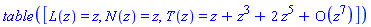 TABLE([L(z) = series(z,z), N(z) = series(z,z), T(z) = series(z+z^3+2*z^5+O(z^7),z,7)])
