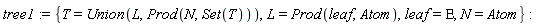 tree1 := {L = Prod(leaf, Atom), N = Atom, T = Union(L, Prod(N, Set(T))), leaf = Epsilon}