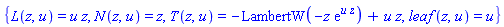 {L(z, u) = u*z, N(z, u) = z, T(z, u) = -LambertW(-z*exp(u*z))+u*z, leaf(z, u) = u}