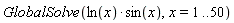 GlobalSolve(ln(x)*sin(x), x = 1 .. 50)
