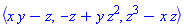POLYNOMIALIDEAL(x*y-z, -z+y*z^2, z^3-x*z, variables = {z, x, y}, characteristic = 0, known_groebner_bases = (table( [( tdeg(x, y, z) ) = [[1, x*y, x*y-z], [1, z^3, z^3-x*z], [1, y*z^2, -z+y*z^2]] ] )))