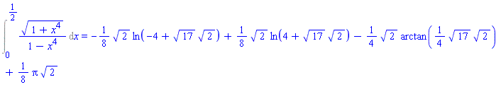 Int((1+x^4)^(1/2)/(1-x^4), x = 0 .. 1/2) = -(1/8)*2^(1/2)*ln(-4+17^(1/2)*2^(1/2))+(1/8)*2^(1/2)*ln(4+17^(1/2)*2^(1/2))-(1/4)*2^(1/2)*arctan((1/4)*17^(1/2)*2^(1/2))+(1/8)*Pi*2^(1/2)
