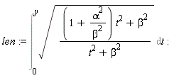 len := Int(sqrt(((1+alpha^2/beta^2)*t^2+beta^2)/(t^2+beta^2)), t = 0 .. y):