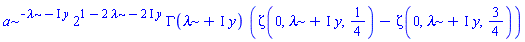 a^(-lambda-I*y)*2^(1-2*lambda-(2*I)*y)*GAMMA(lambda+I*y)*(Zeta(0, lambda+I*y, 1/4)-Zeta(0, lambda+I*y, 3/4))