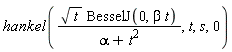 hankel(sqrt(t)*BesselJ(0, beta*t)/(alpha+t^2), t, s, 0)