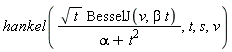 hankel(sqrt(t)*BesselJ(v, beta*t)/(alpha+t^2), t, s, v)