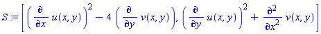 [(diff(u(x, y), x))^2-4*(diff(v(x, y), y)), (diff(u(x, y), y))^2+diff(diff(v(x, y), x), x)]