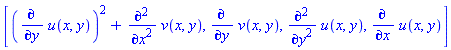 [(diff(u(x, y), y))^2+diff(diff(v(x, y), x), x), diff(v(x, y), y), diff(diff(u(x, y), y), y), diff(u(x, y), x)]