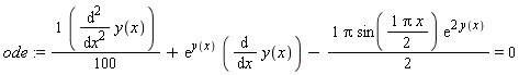 ode := (1/100)*(diff(y(x), x, x))+exp(y(x))*(diff(y(x), x))-(1/2)*Pi*sin((1/2)*Pi*x)*exp(2*y(x)) = 0