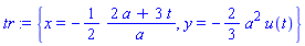 tr := {x = -(1/2)*(2*a+3*t)/a, y = -(2/3)*a^2*u(t)}