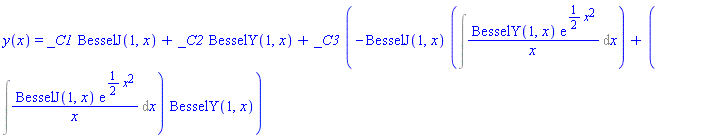 y(x) = _C1*BesselJ(1, x)+_C2*BesselY(1, x)+_C3*(-BesselJ(1, x)*(Int(BesselY(1, x)*exp((1/2)*x^2)/x, x))+(Int(BesselJ(1, x)*exp((1/2)*x^2)/x, x))*BesselY(1, x))