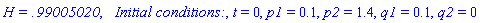 `H = .99005020`, `  Initial conditions:`, t = 0, p1 = .1, p2 = 1.4, q1 = .1, q2 = 0