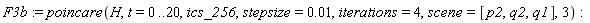 F3b := poincare(H, t = 0 .. 20, ics_256, stepsize = 0.1e-1, iterations = 4, scene = [p2, q2, q1], 3)
