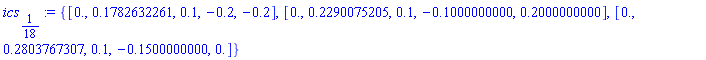 {[0., .1782632261, .1, -.2, -.2], [0., .2290075205, .1, -.1000000000, .2000000000], [0., .2803767307, .1, -.1500000000, 0.]}
