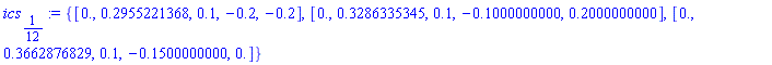 {[0., .2955221368, .1, -.2, -.2], [0., .3286335345, .1, -.1000000000, .2000000000], [0., .3662876829, .1, -.1500000000, 0.]}