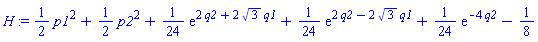 (1/2)*p1^2+(1/2)*p2^2+(1/24)*exp(2*q2+2*3^(1/2)*q1)+(1/24)*exp(2*q2-2*3^(1/2)*q1)+(1/24)*exp(-4*q2)-1/8