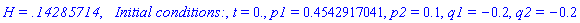`H = .14285714`, `  Initial conditions:`, t = 0., p1 = .4542917041, p2 = .1, q1 = -.2, q2 = -.2