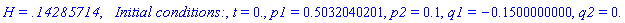 `H = .14285714`, `  Initial conditions:`, t = 0., p1 = .5032040201, p2 = .1, q1 = -.1500000000, q2 = 0.