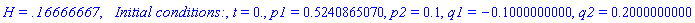 `H = .16666667`, `  Initial conditions:`, t = 0., p1 = .5240865070, p2 = .1, q1 = -.1000000000, q2 = .2000000000