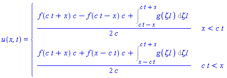 u(x, t) = piecewise(x < c*t, (1/2)*(f(c*t+x)*c-f(c*t-x)*c+Int(g(zeta1), zeta1 = c*t-x .. c*t+x))/c, c*t < x, (1/2)*(f(c*t+x)*c+f(x-c*t)*c+Int(g(zeta1), zeta1 = x-c*t .. c*t+x))/c)