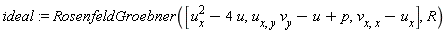 ideal := RosenfeldGroebner([u[x]^2-4*u, u[x, y]*v[y]-u+p, v[x, x]-u[x]], R)
