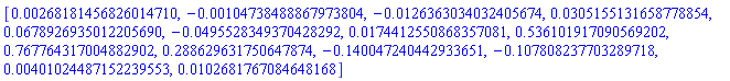 [0.268181456826014710e-2, -0.104738488867973804e-2, -0.126363034032405674e-1, 0.305155131658778854e-1, 0.678926935012205690e-1, -0.495528349370428292e-1, 0.174412550868357081e-1, .536101917090569202, .767764317004882902, .288629631750647874, -.140047240442933651, -.107808237703289718, 0.401024487152239553e-2, 0.102681767084648168e-1]