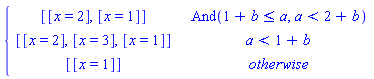 piecewise(And(1+b <= a, a < 2+b), [[x = 2], [x = 1]], a < 1+b, [[x = 2], [x = 3], [x = 1]], [[x = 1]])