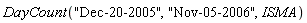 DayCount("Dec-20-2005", "Nov-05-2006", ISMA)