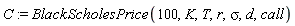 C := BlackScholesPrice(100, K, T, r, sigma, d, call)