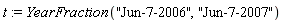 t := YearFraction("Jun-7-2006", "Jun-7-2007")