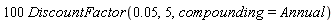 100*DiscountFactor(0.5e-1, 5, compounding = Annual)