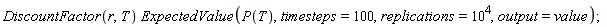 DiscountFactor(r, T)*ExpectedValue(P(T), timesteps = 100, replications = 10^4, output = value)