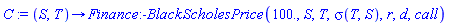 proc (S, T) options operator, arrow; Finance:-BlackScholesPrice(100., S, T, sigma(T, S), r, d, call) end proc