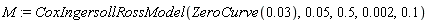 M := CoxIngersollRossModel(ZeroCurve(0.3e-1), 0.5e-1, .5, 0.2e-2, .1)