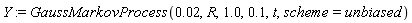 Y := GaussMarkovProcess(0.2e-1, R, 1.0, .1, t, scheme = unbiased)
